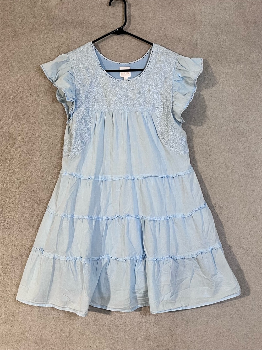 J Marie Light Blue Embroidered Ruffle Tiered Mini Dress Womens Small Pockets